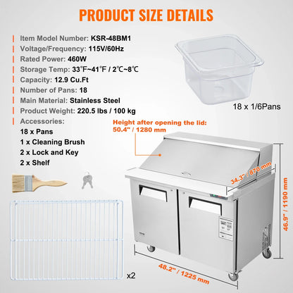 SucceBuy Stainless Steel Commercial Refrigerator Sandwich And Salad Prep Table