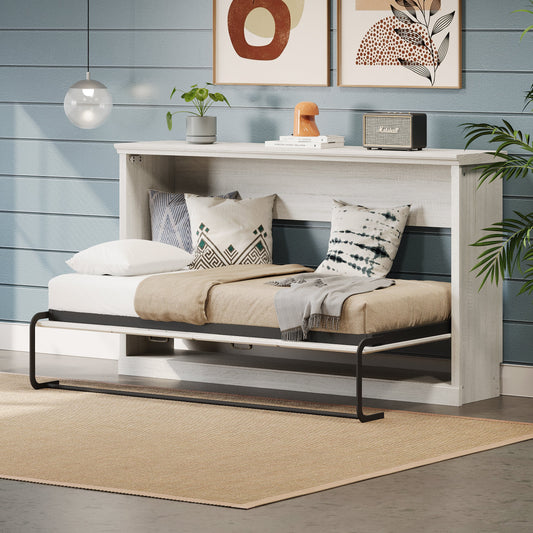Twin Size Horizontal Murphy Bed in Rustic White