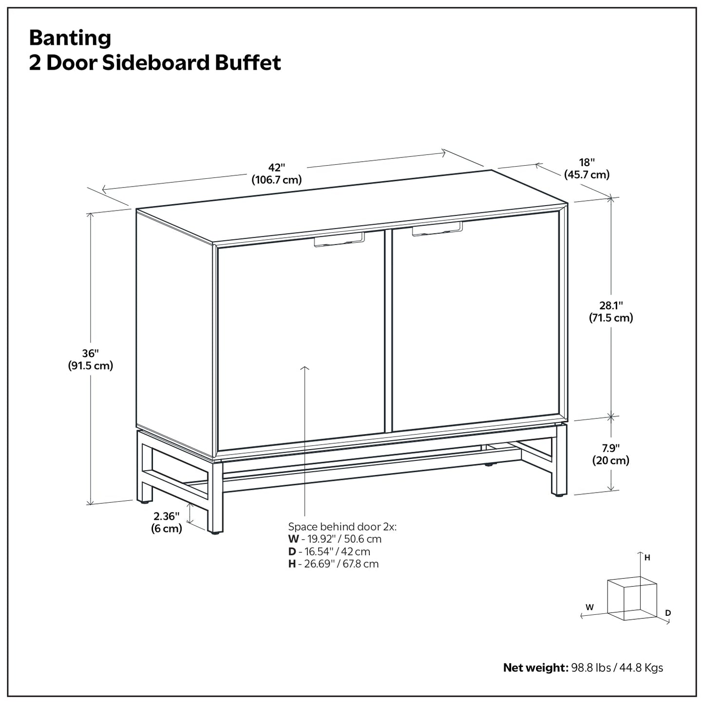 Banting 42 Inch Wide Solid Wood 2 Door Sideboard Buffet