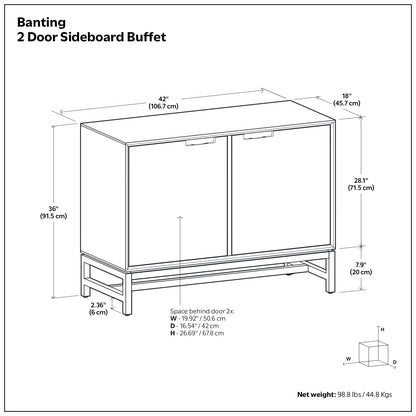 Banting 42 Inch Wide Solid Wood 2 Door Sideboard Buffet
