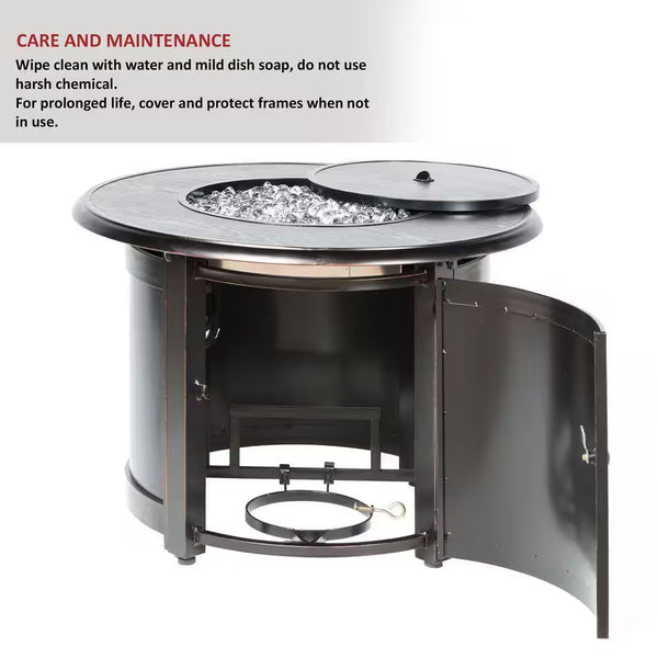 Manchester 36 In. X 25 In. round Aluminum Match Lit Propane Gas Fire Pit Chat Table with Glacier Ice Firebeads